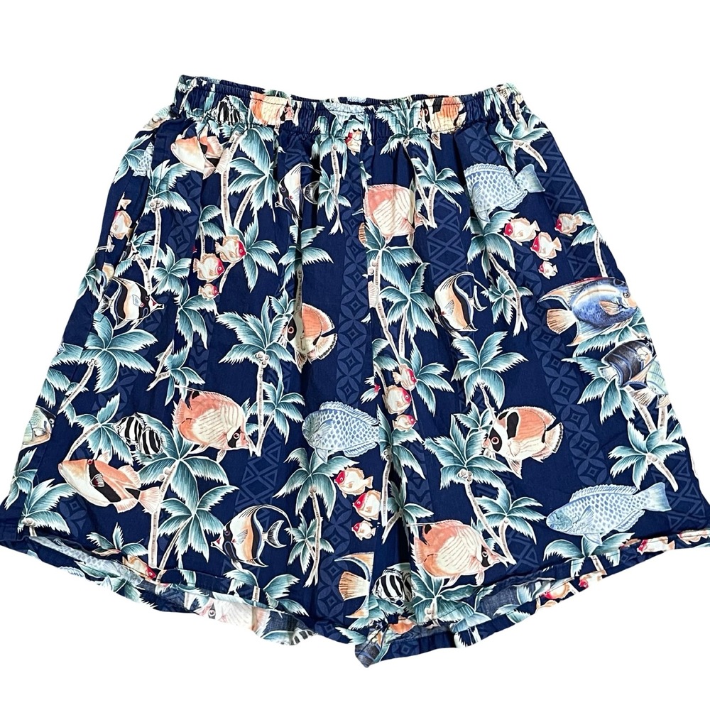 Vintage Royal Creations Hawaiian Shorts Mens L Blue Tropical Fish Palm Cotton